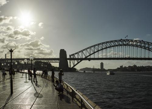 Sydney Harbour Bridge and tourists in silhouette