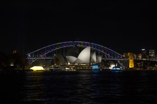 Sydney harbour in darkness with opera house and bridge
