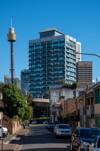 Sydney tower as seen from street in Woolloomooloo