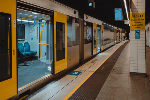 Sydney train with doors open at a platform at Wynyard Station - Australian Stock Image