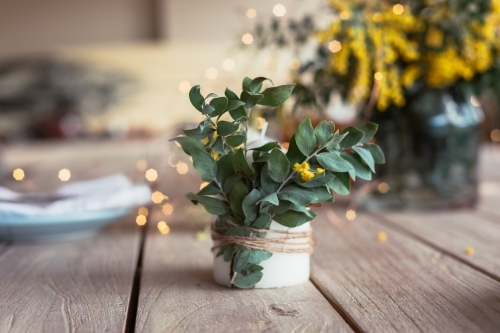 table decor with wattle - Australian Stock Image