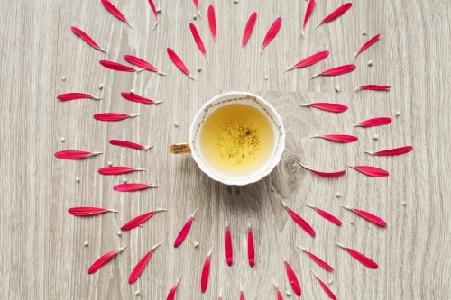 Tea cup of tea surrounded by flower petals - Australian Stock Image