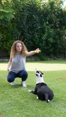 Teen girl playing ball with dog