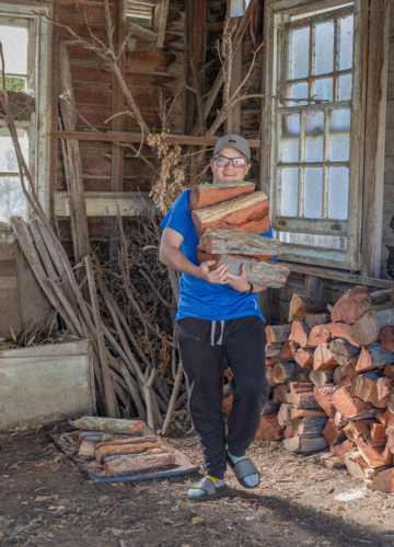 Teenage boy in blue shirt, carrying split wood in wood shed - Australian Stock Image