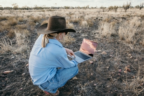 Teenage female in a paddock looking at laptop - Australian Stock Image