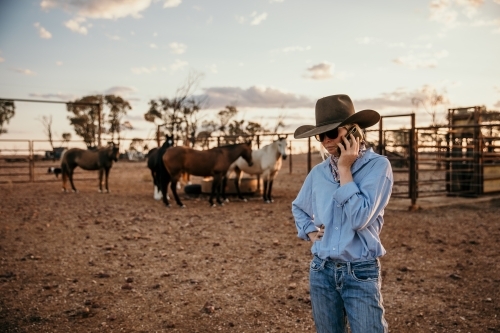 teenager standing near horses talking on her mobile - Australian Stock Image