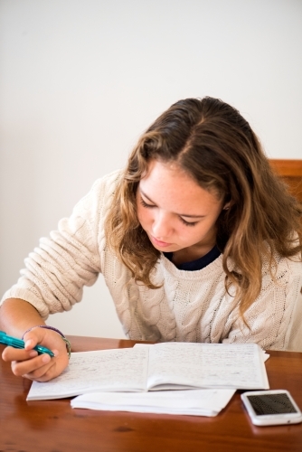 Teenager studying at table looking at textbook. - Australian Stock Image