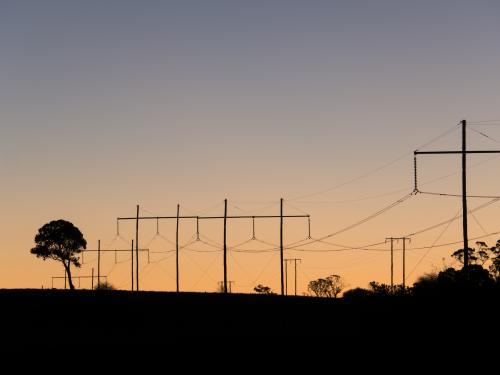 Telegraph poles and wires silhouetted against early morning light - Australian Stock Image