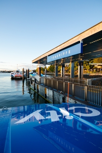 Teneriffe Citycat ferry terminal on the Brisbane River in the morning light - Australian Stock Image