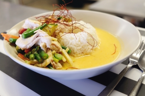 Thai chicken curry with rice, Thai food lunch - Australian Stock Image