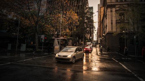 The CBD in Melbourne at dawn - cars heading to work - Australian Stock Image