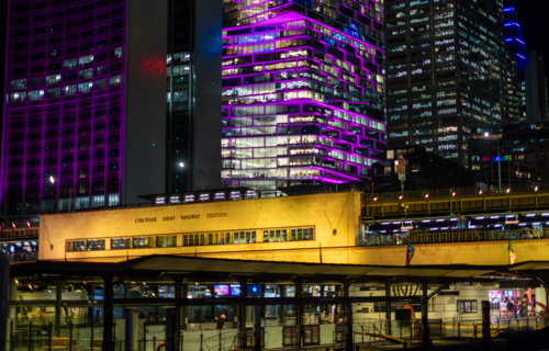 The circular quay railway station lit up during Vivid - Australian Stock Image