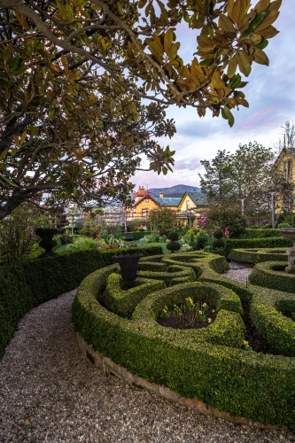 The gardens and hedges of the historic Corinda accommodation in Hobart - Australian Stock Image