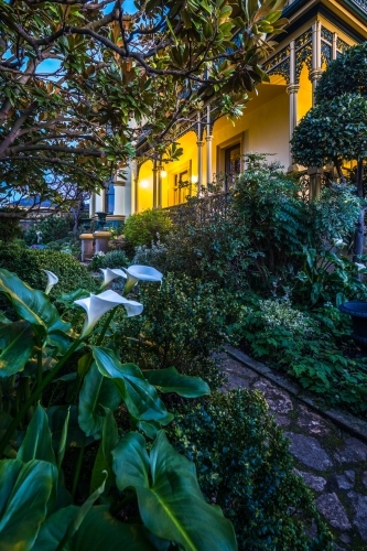 The gardens of historic Corinda accommodation in Hobart - Australian Stock Image