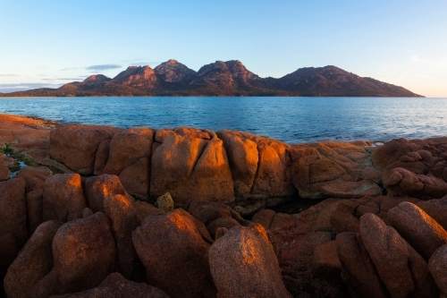 The Hazards viewed from Coles Bay - Freycinet National Park - Tasmania - Australian Stock Image