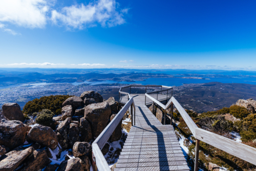 The iconic view from the summit of Mt Wellington on a cold spring morning looking over Hobart - Australian Stock Image