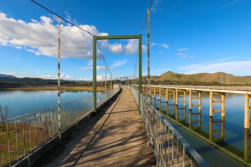 The Rail Trail bridge crossing over Lake Eildon from Bonnie Doon in Victoria - Australian Stock Image