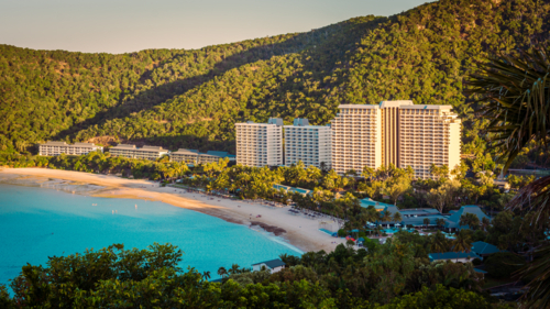The Reef View Hotel on Hamilton Island in the Whitsunday Island as seen from One Tree Hill - Australian Stock Image