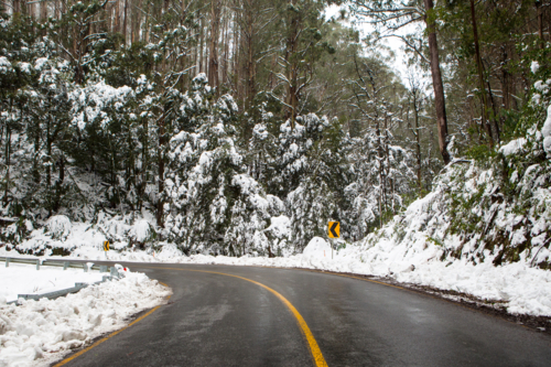 The road to Lake Mountain in Yarra Ranges National Park after a snow storm in Victoria, Australia - Australian Stock Image