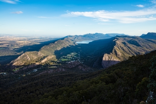 The scenic view from Boroka Lookout in the afternoon light looking over Halls Gap