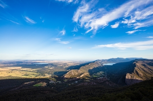 The scenic view from Boroka Lookout in the afternoon light looking over Halls Gap