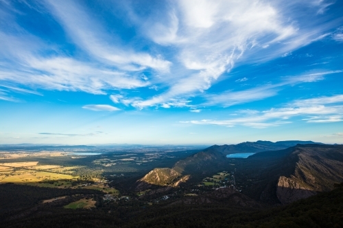 The scenic view from Boroka Lookout in the afternoon light looking over Halls Gap - Australian Stock Image