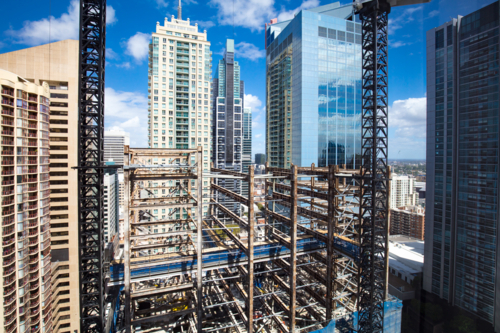 The Sydney building boom with new skyscrapers and construction occurring in Sydney CBD, Australia - Australian Stock Image