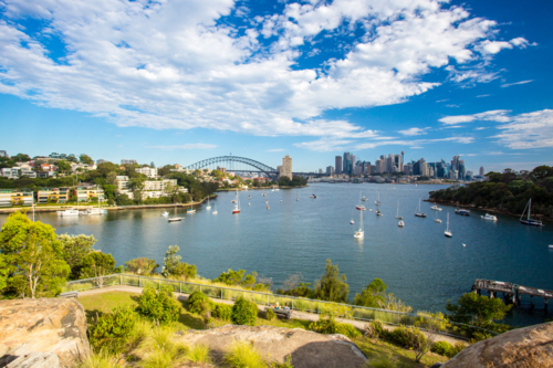 The Sydney CBD and surrounding harbour over Berrys Bay, on a clear summer day on February 8th 2015. - Australian Stock Image
