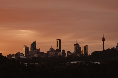 The Sydney city skyline silhouetted at sunset - Australian Stock Image