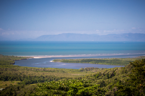 The view from Mount Alexandra lookout in the Daintree region towards the Great Barrier Reef - Australian Stock Image