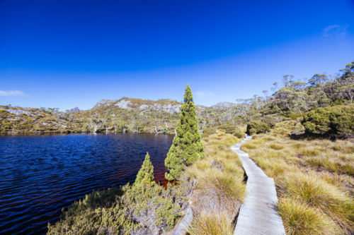 The view of mountain landscape around Wombat Pool on the Overland Track at Cradle Mountain - Australian Stock Image