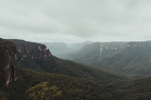 The views from Govetts Leap lookout on a cloudy day - Australian Stock Image