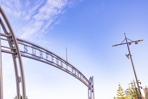 The well-known Surfers Paradise sign at the beach access from Cavill Avenue on the Gold Coast - Australian Stock Image
