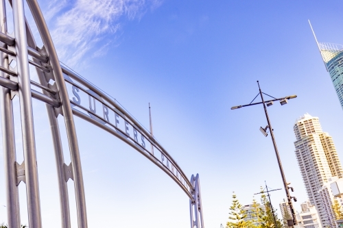 The well-known Surfers Paradise sign at the beach access from Cavill Avenue on the Gold Coast - Australian Stock Image