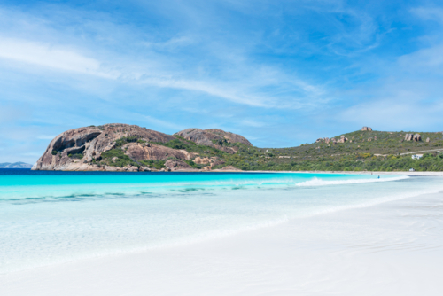 The white sands and blue skies and ocean at Lucky Bay beach Western Australia - Australian Stock Image
