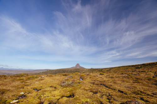 The wide landscape views early in the morning of Barn Bluff and alpine heath plants on a warm autumn - Australian Stock Image