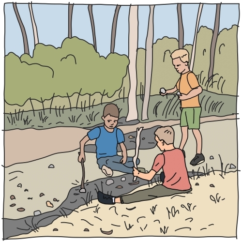 Three boys playing with sticks and stones in bush setting - Australian Stock Image