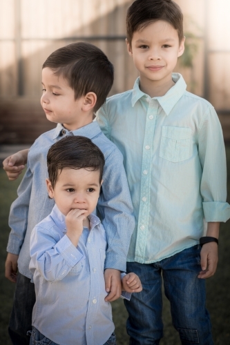 Three brothers in a suburban home backyard - Australian Stock Image