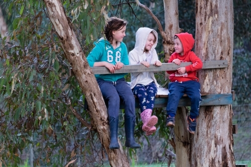 Three children sitting and chatting in a treehouse - Australian Stock Image