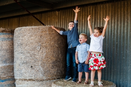 Three children with hands in the air playing on hay in shed on farm
