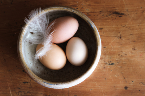 Three eggs with white feather on top in a rustic ceramic bowl sits on a wooden surface - Australian Stock Image