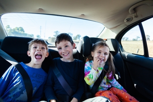 Three happy siblings in the back of a car