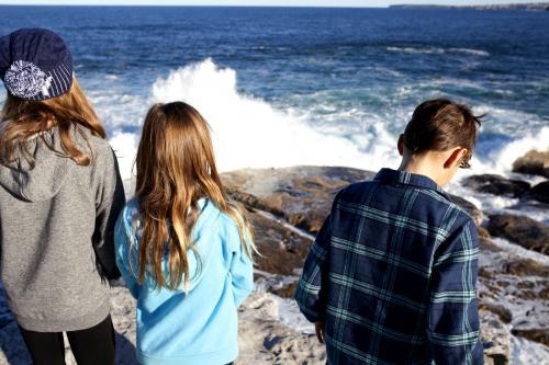 Three kids standing on a rock looking out at the ocean with waves crashing - Australian Stock Image