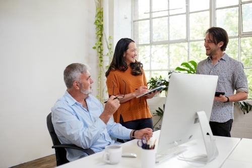 Three professional business people, sharing ideas in a studio office - Australian Stock Image