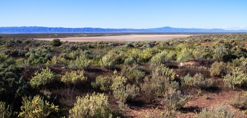 Tidal flats with mountain range in the distance - Australian Stock Image
