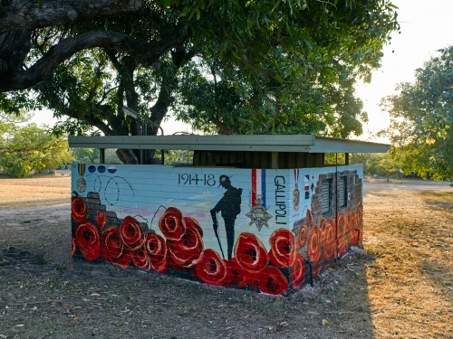 Toilet block with anzac mural in a remote town - Australian Stock Image