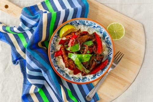 Top down of beef stir fry dish - Australian Stock Image