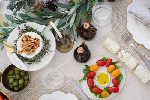 Top-down shot of table prepared for Christmas meal - Australian Stock Image