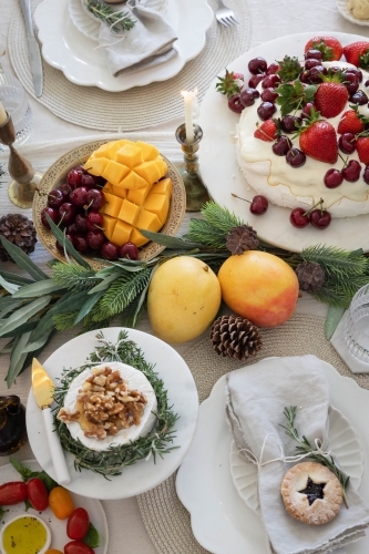 Top-down shot of table prepared for Christmas meal - Australian Stock Image