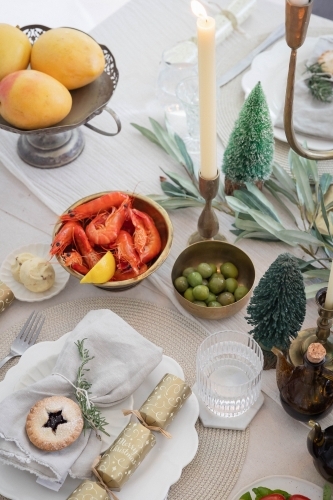 Top-down shot of table prepared for Christmas meal - Australian Stock Image